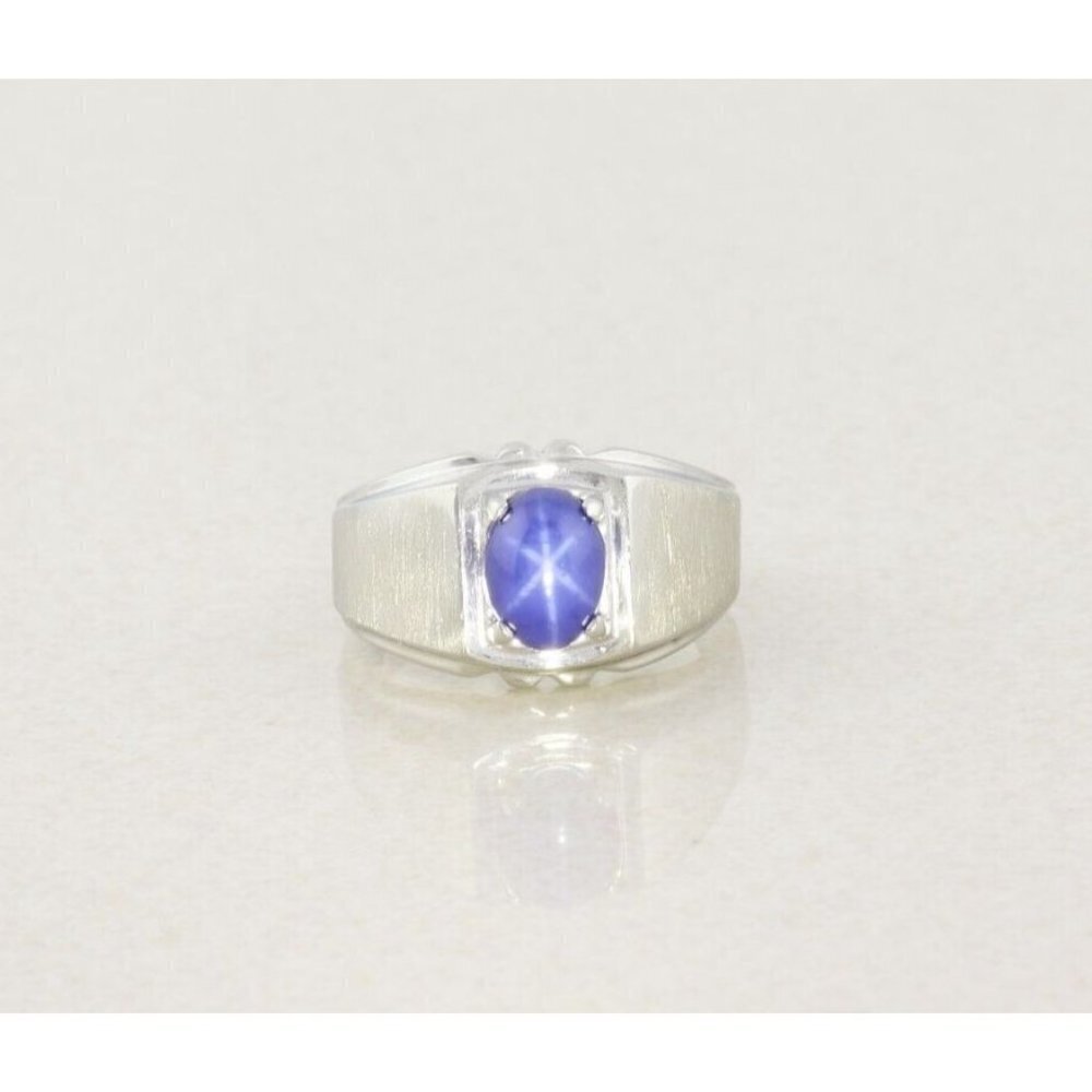 Mens 10k White Gold Lab Created Star Sapphire Ring Size 7 Pinky Ring - Picture 4 of 10